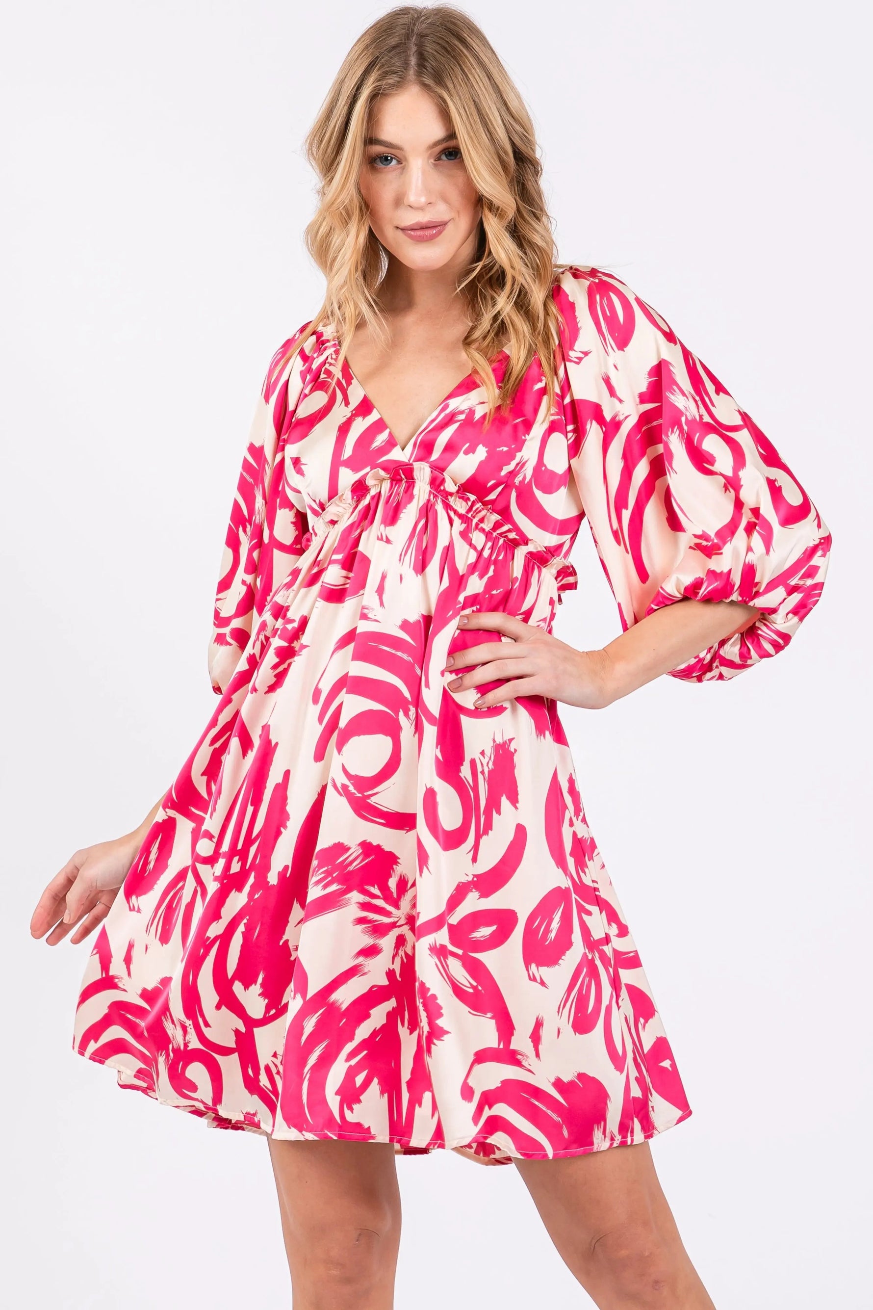 PinkBlush Fuchsia Printed Bubble Sleeve Sweetheart Maternity Dress - 