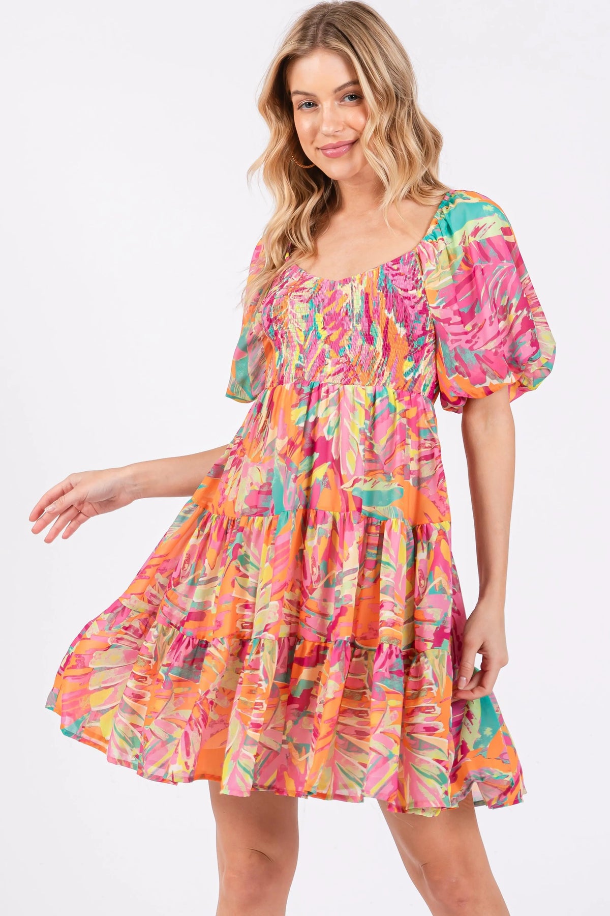 PinkBlush Fuchsia Printed Smocked Puff Sleeve Dress - 