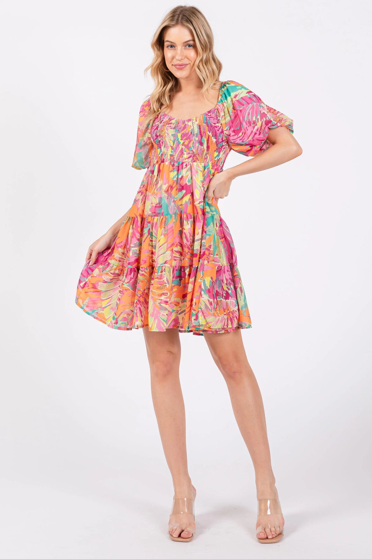 PinkBlush Fuchsia Printed Smocked Puff Sleeve Dress - 