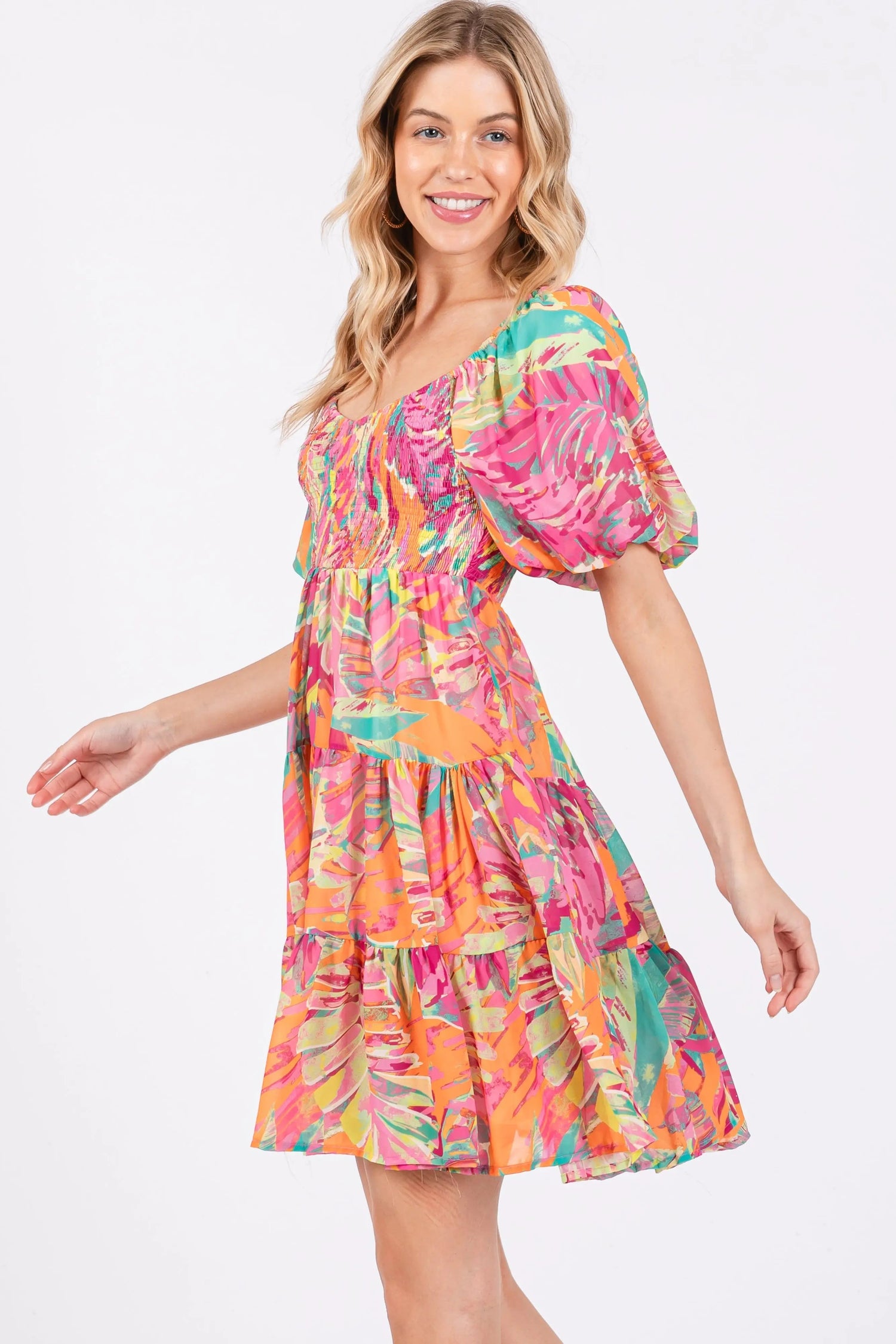 PinkBlush Fuchsia Printed Smocked Puff Sleeve Dress - 
