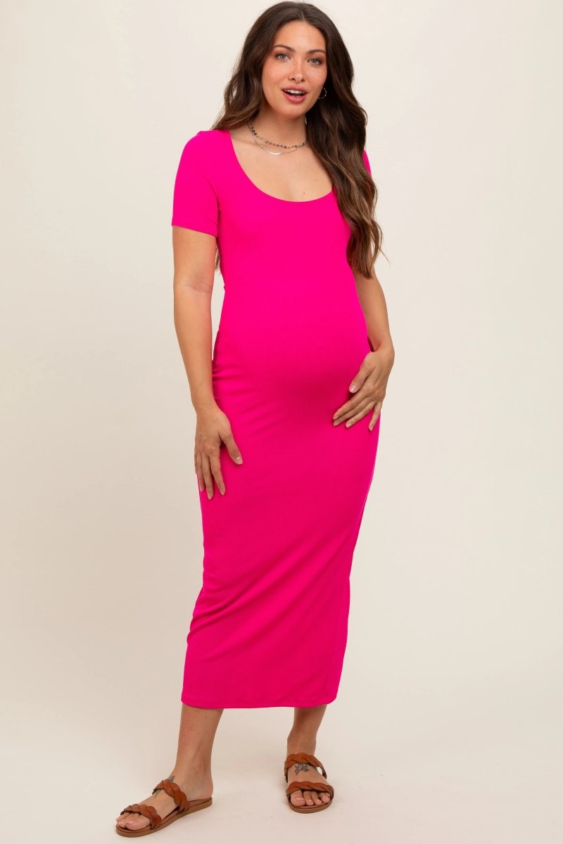 Fuchsia Ribbed Fitted Maternity Midi Dress - Everetts Place: Online Boutique - Apparel & Accessories > Clothing > Dresses