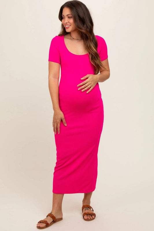Fuchsia Ribbed Fitted Maternity Midi Dress.