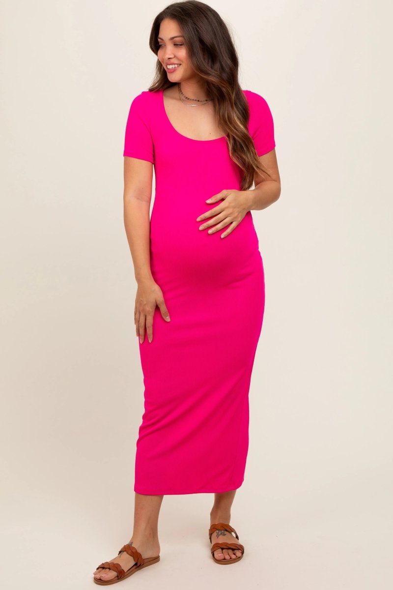 Fuchsia Ribbed Fitted Maternity Midi Dress - Everetts Place: Online Boutique - Apparel & Accessories > Clothing > Dresses
