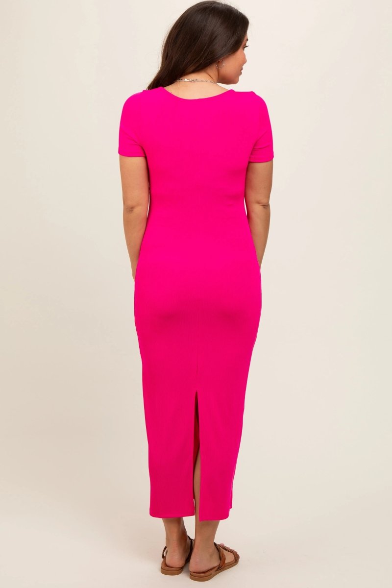 Fuchsia Ribbed Fitted Maternity Midi Dress - Everetts Place: Online Boutique - Apparel & Accessories > Clothing > Dresses
