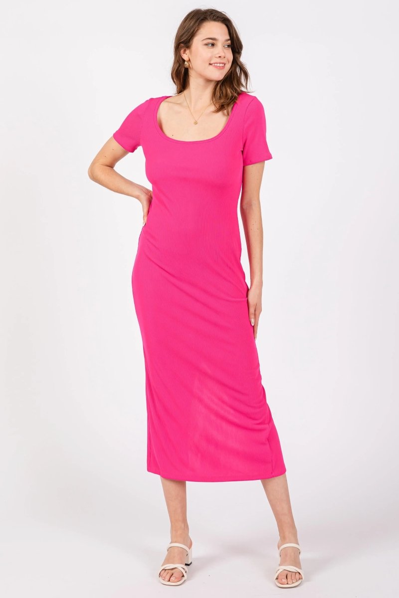 Fuchsia Ribbed Fitted Maternity Midi Dress - Everetts Place: Online Boutique - Apparel & Accessories > Clothing > Dresses
