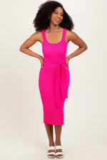 Fuchsia Ribbed Front Tie Sleeveless Midi Dress - Dress, Shoulder, Fashion, Neck, One-piece garment | Everetts Place