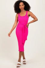 PinkBlush Fuchsia Ribbed Front Tie Sleeveless Midi Dress - 