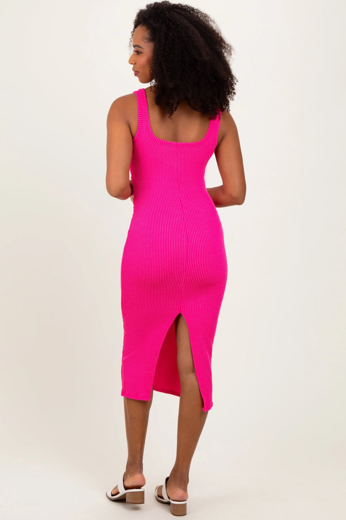 PinkBlush Fuchsia Ribbed Front Tie Sleeveless Midi Dress - 
