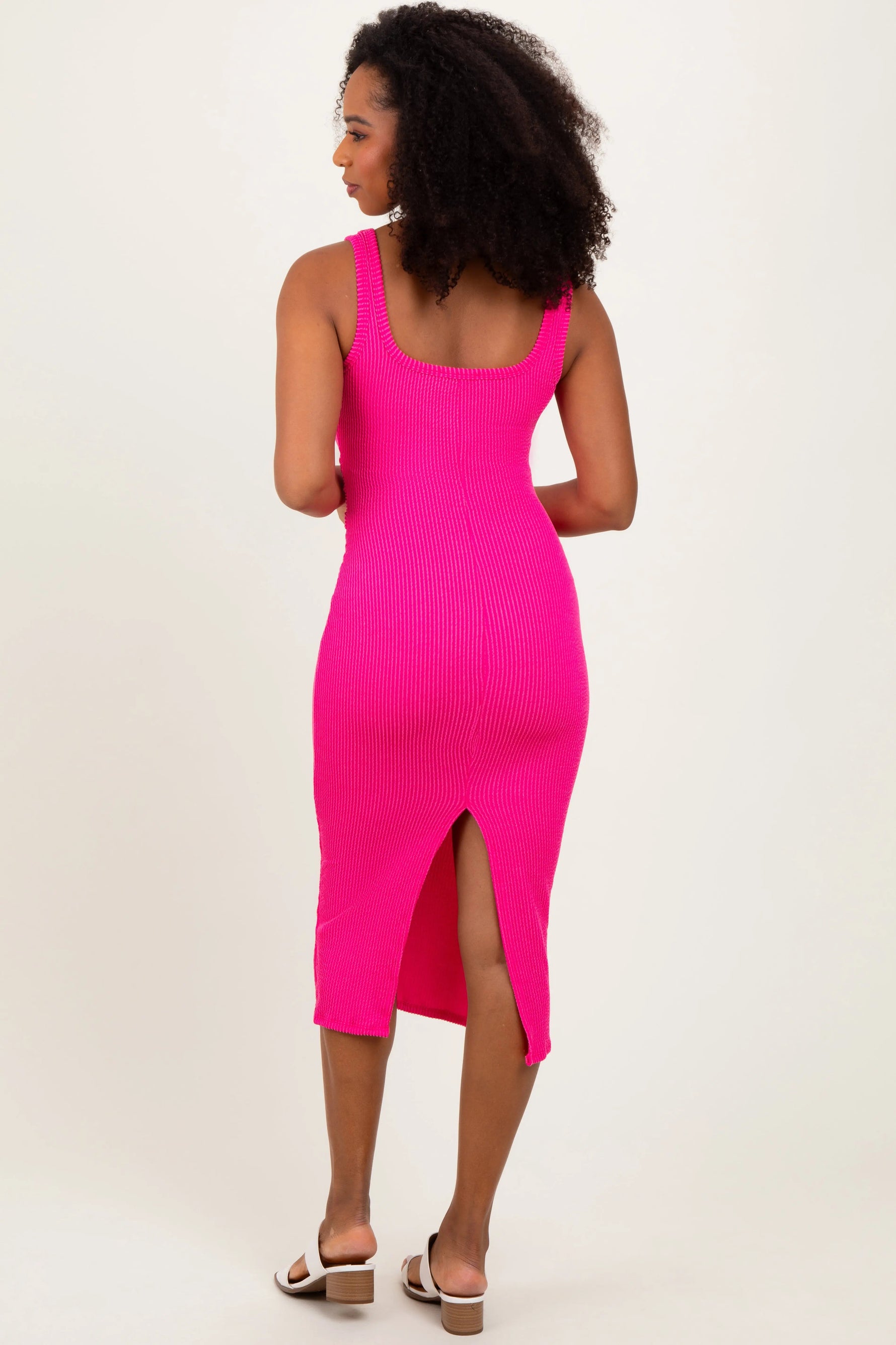 PinkBlush Fuchsia Ribbed Front Tie Sleeveless Midi Dress - 