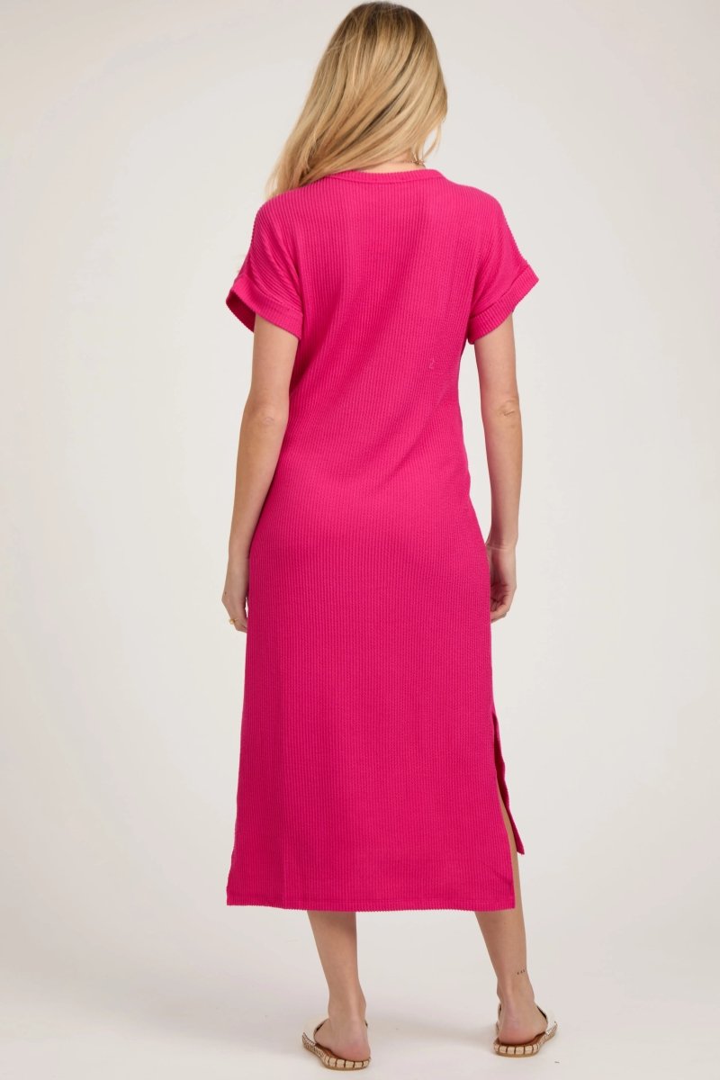 PinkBlush Fuchsia Ribbed Maternity Midi Dress with Stretch Fabric for Expecting Mothers - 