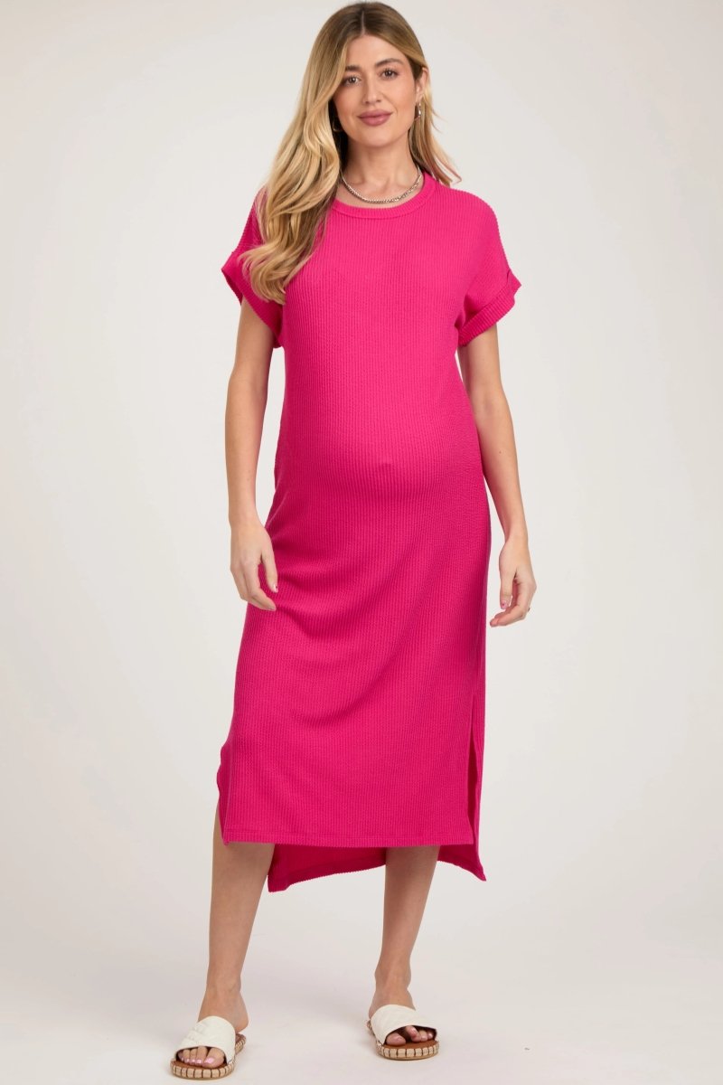 PinkBlush Fuchsia Ribbed Maternity Midi Dress with Stretch Fabric for Expecting Mothers - 