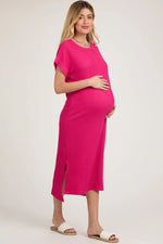PinkBlush Fuchsia Ribbed Maternity Midi Dress with Stretch Fabric for Expecting Mothers - 
