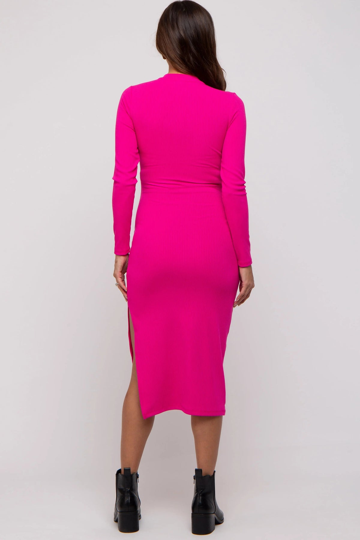 PinkBlush Fuchsia Ribbed Mock Neck Long Sleeve Maternity Midi Dress - 