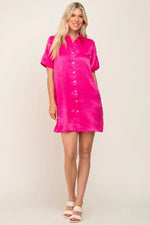 PinkBlush Fuchsia Satin Button Front Short Sleeve Dress - 