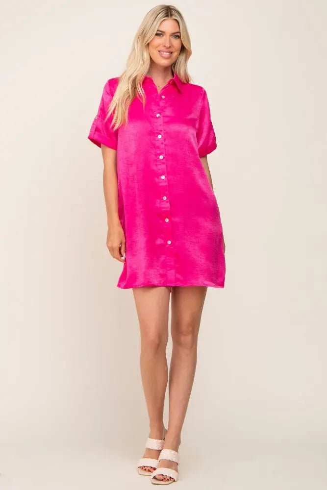 PinkBlush Fuchsia Satin Button Front Short Sleeve Dress - 