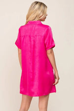 PinkBlush Fuchsia Satin Button Front Short Sleeve Dress - 