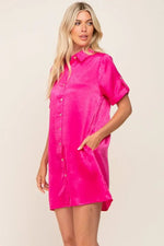 PinkBlush Fuchsia Satin Button Front Short Sleeve Dress - 