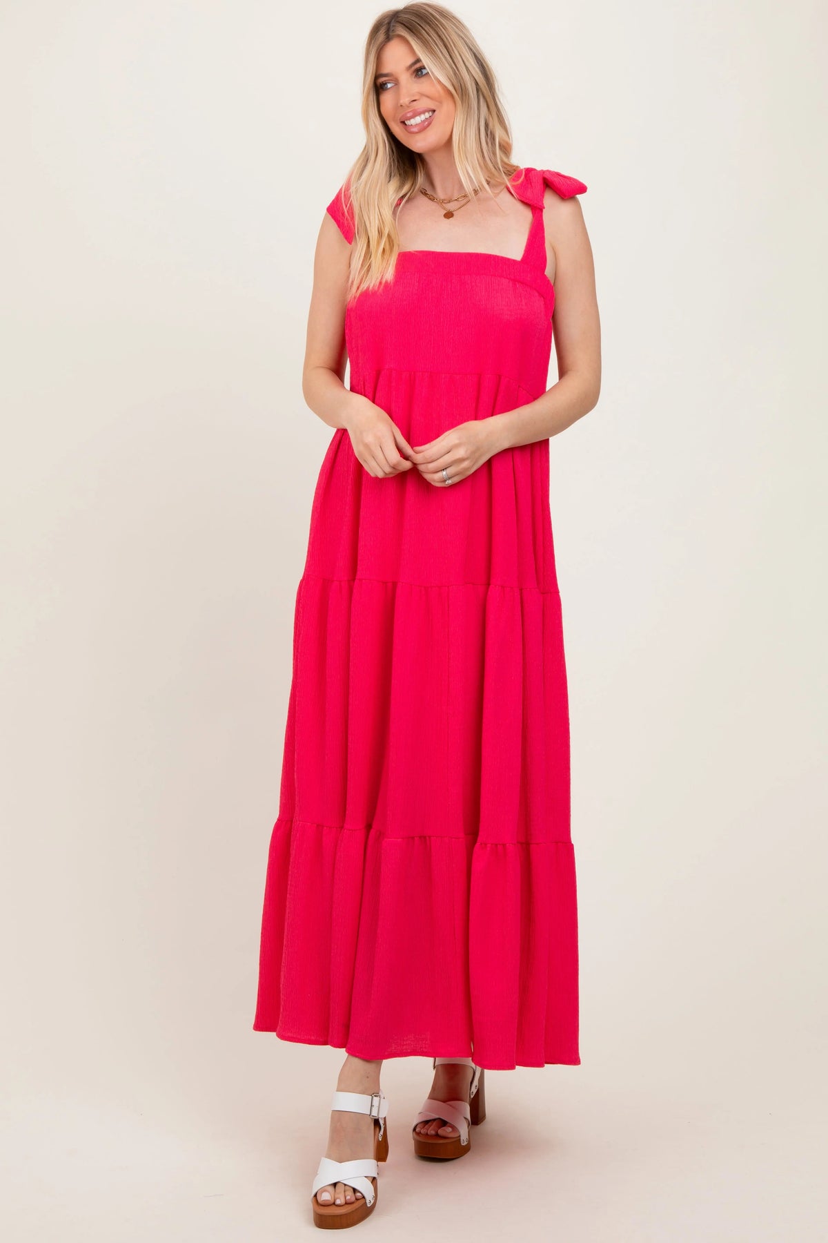PinkBlush Fuchsia Shoulder Tie Tiered Maxi Dress - 