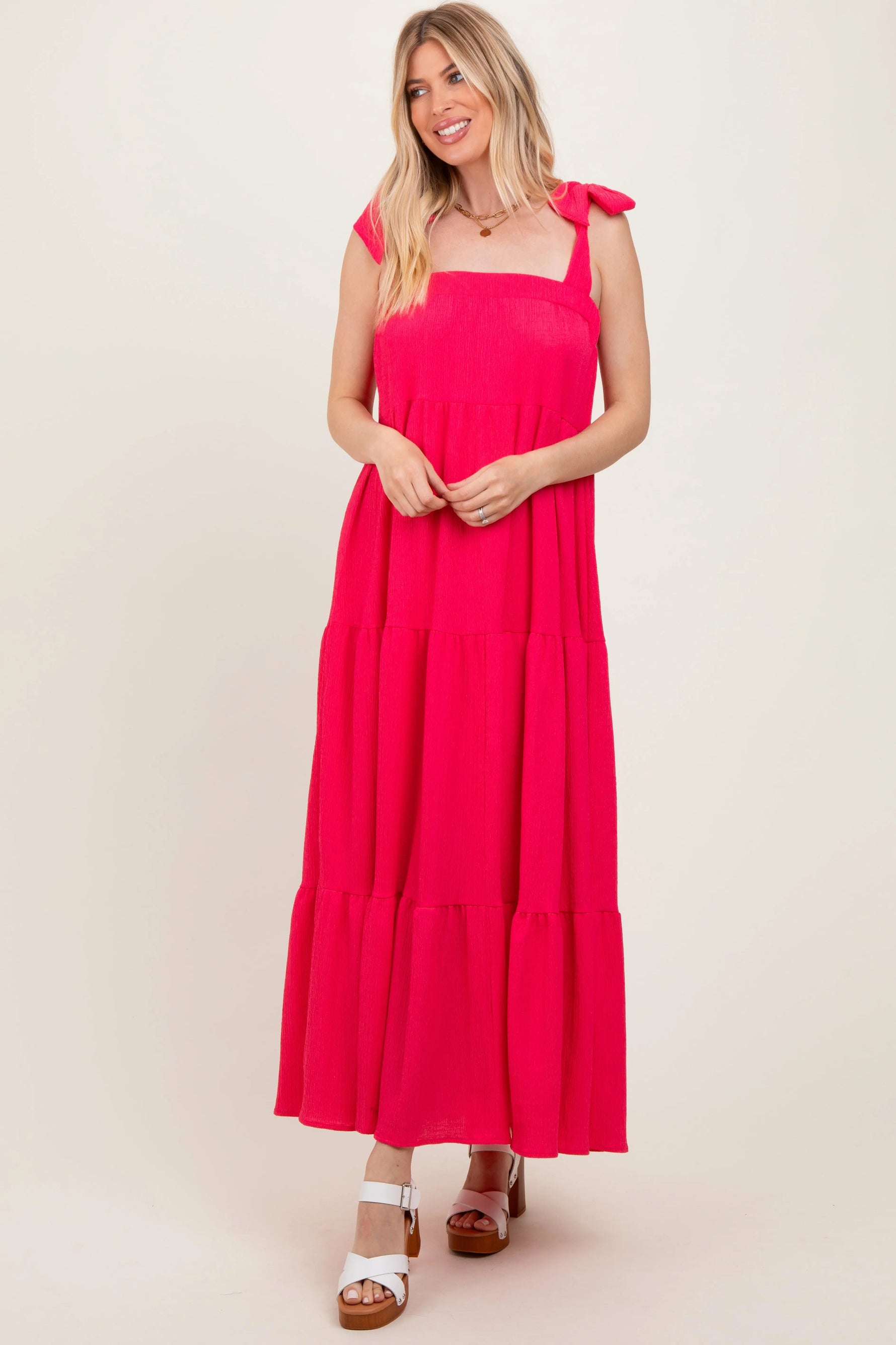 PinkBlush Fuchsia Shoulder Tie Tiered Maxi Dress - 