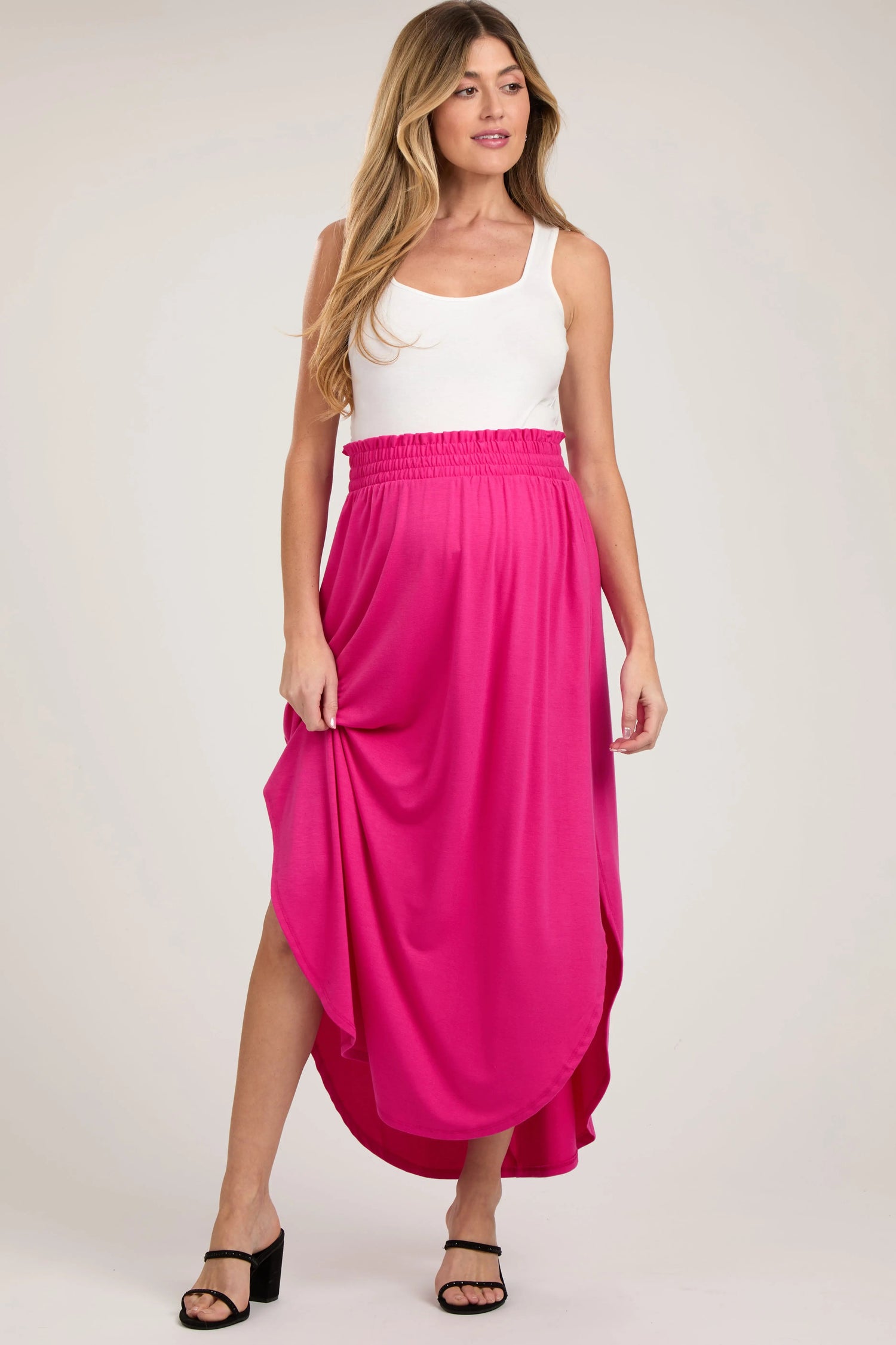 Fuchsia Smocked Rounded Hem Maternity Maxi Skirt - Pink, Waist, Smile, Abdomen, Photo shoot | Everetts Place