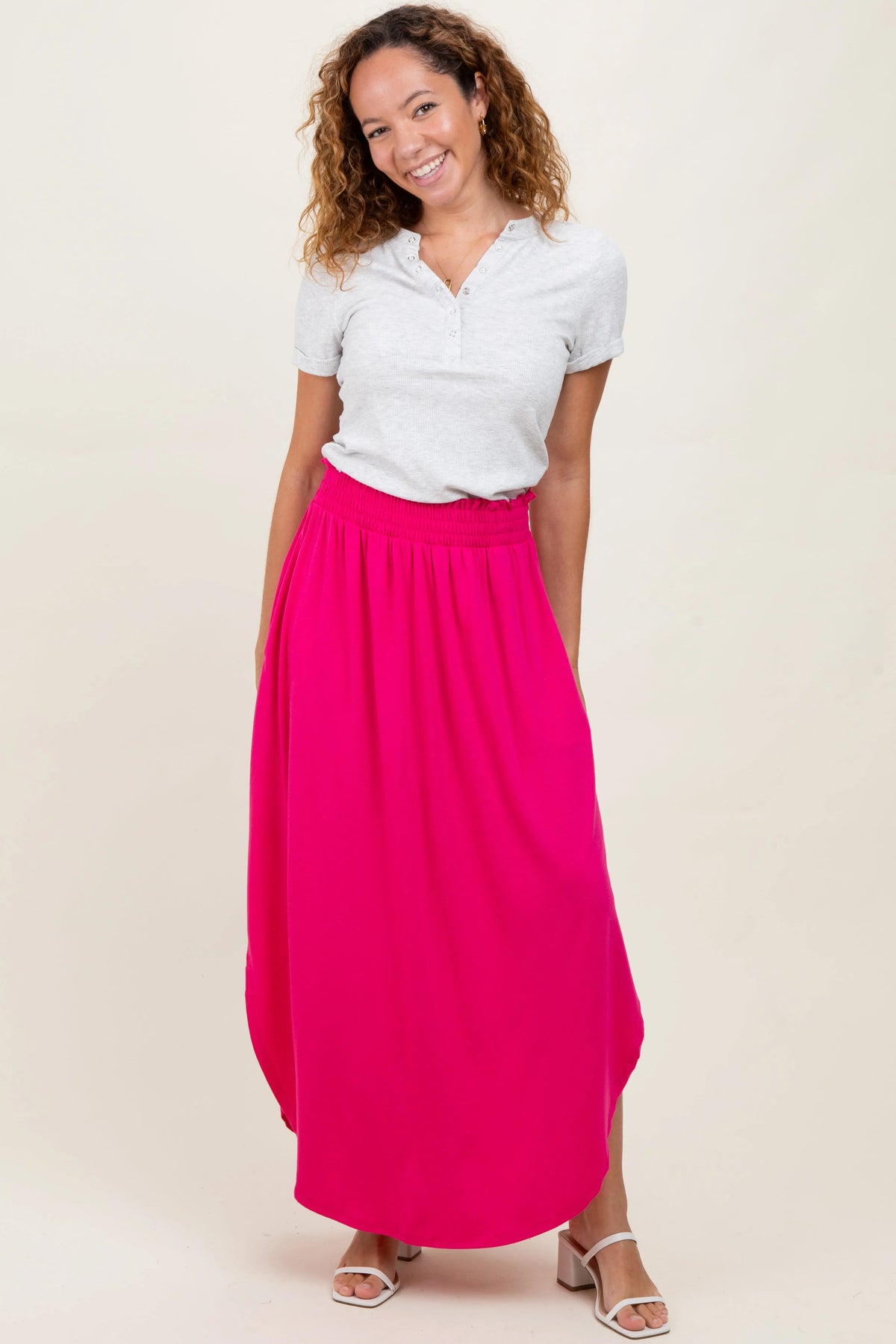 PinkBlush Fuchsia Smocked Rounded Hem Maternity Maxi Skirt - 