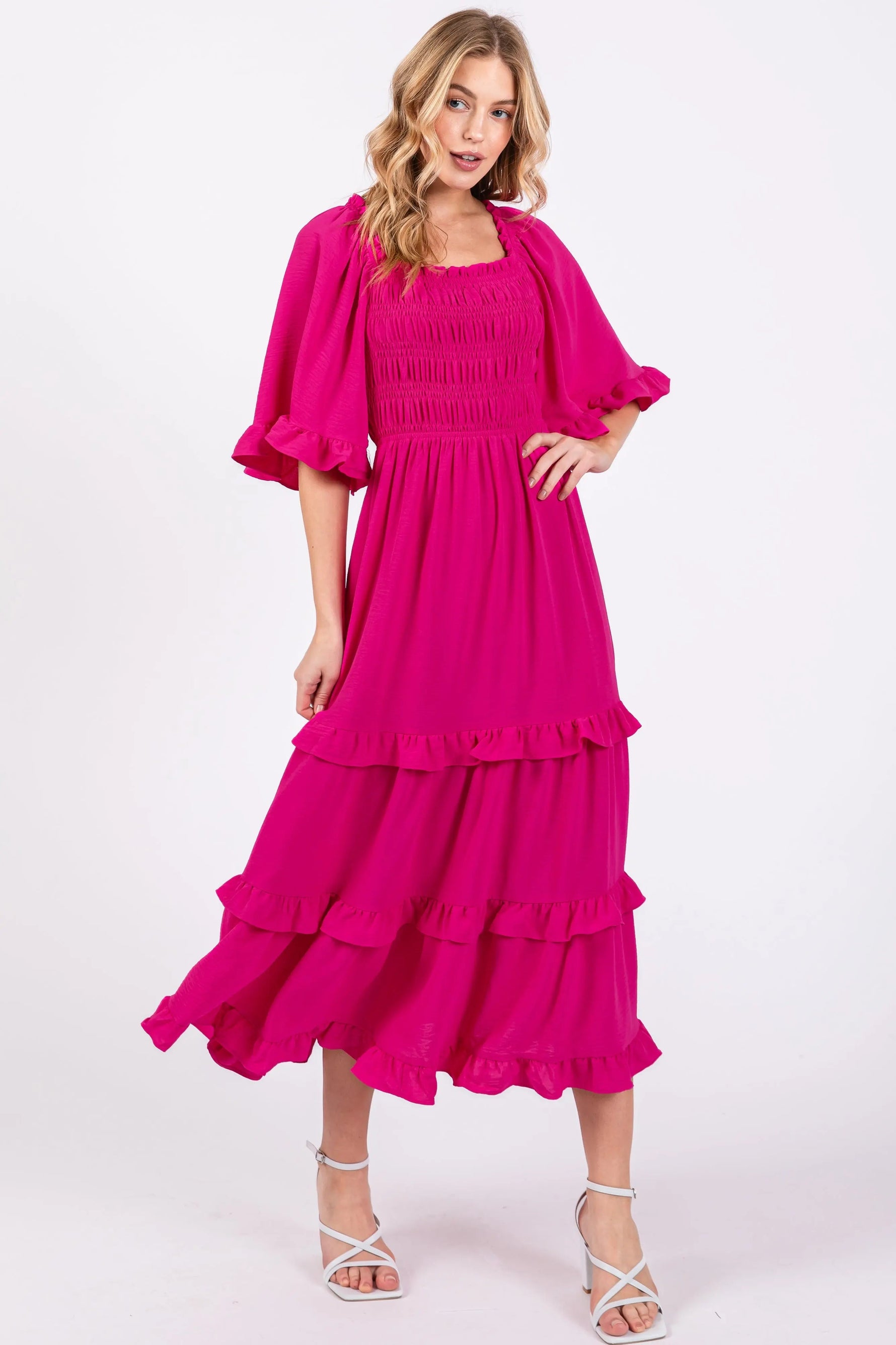 PinkBlush Fuchsia Smocked Ruffle Tiered Midi Dress - 