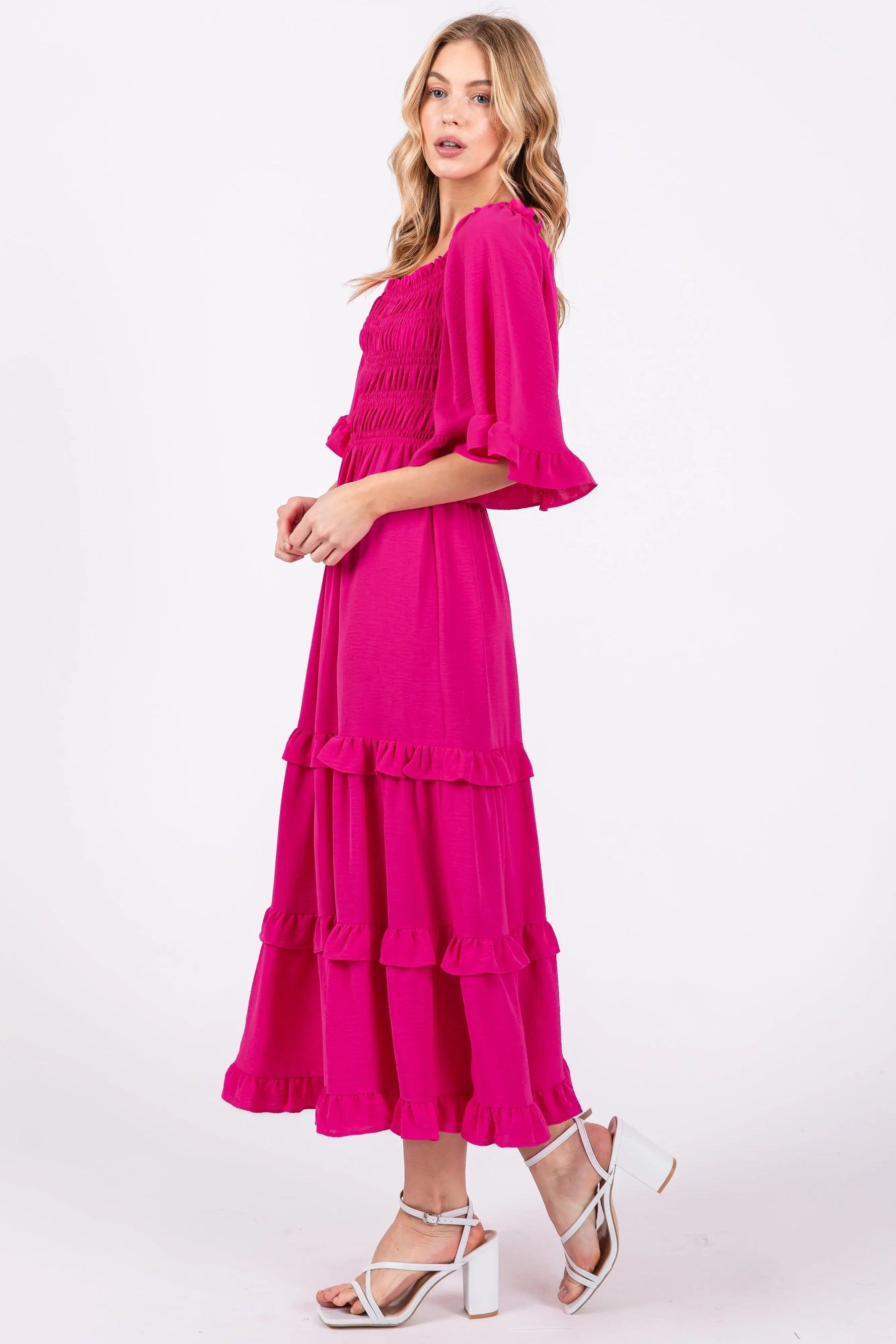 PinkBlush Fuchsia Smocked Ruffle Tiered Midi Dress - 