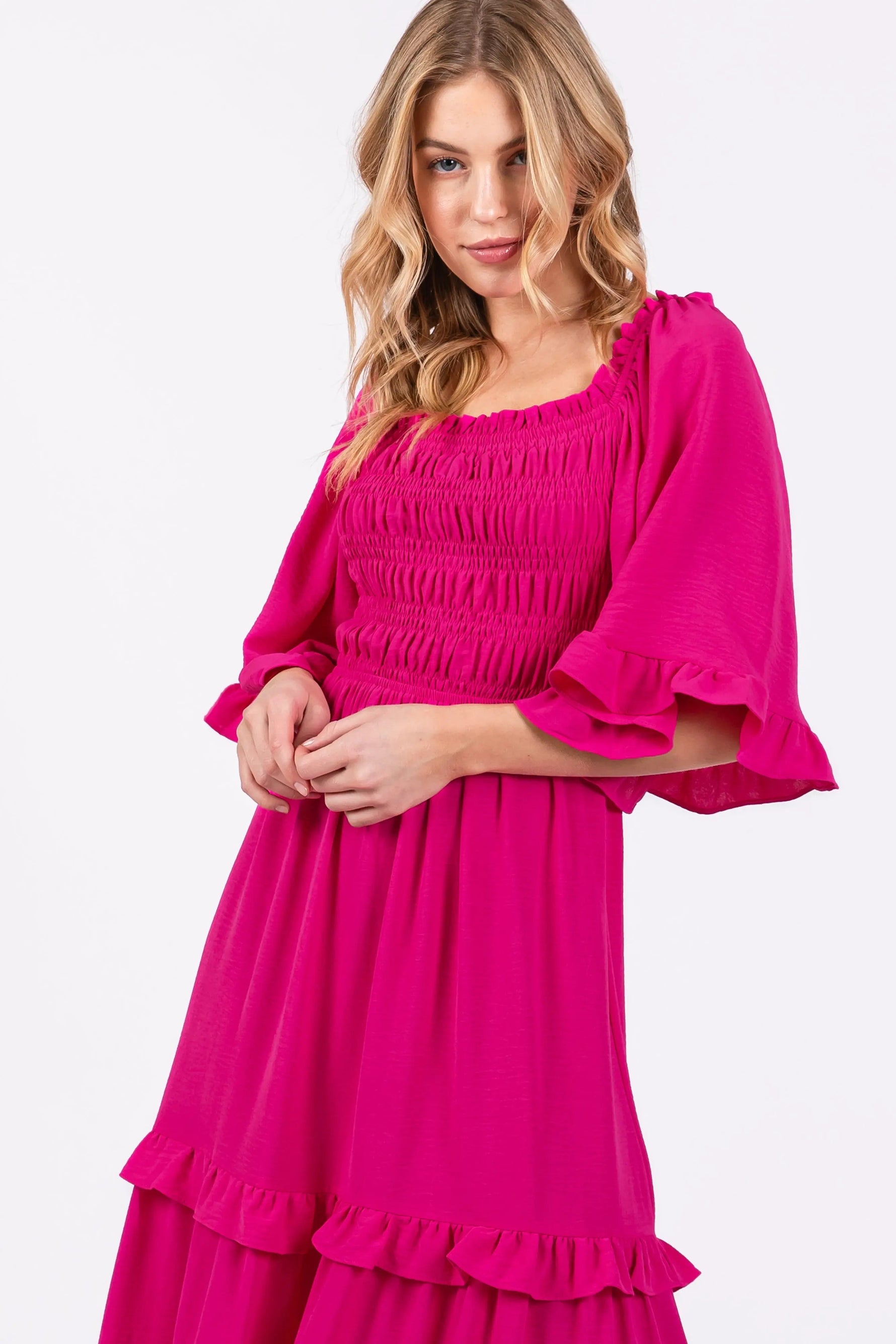 PinkBlush Fuchsia Smocked Ruffle Tiered Midi Dress - 