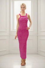 PinkBlush Fuchsia Striped High Neck Ribbed Maxi Dress - 