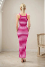 PinkBlush Fuchsia Striped High Neck Ribbed Maxi Dress - 