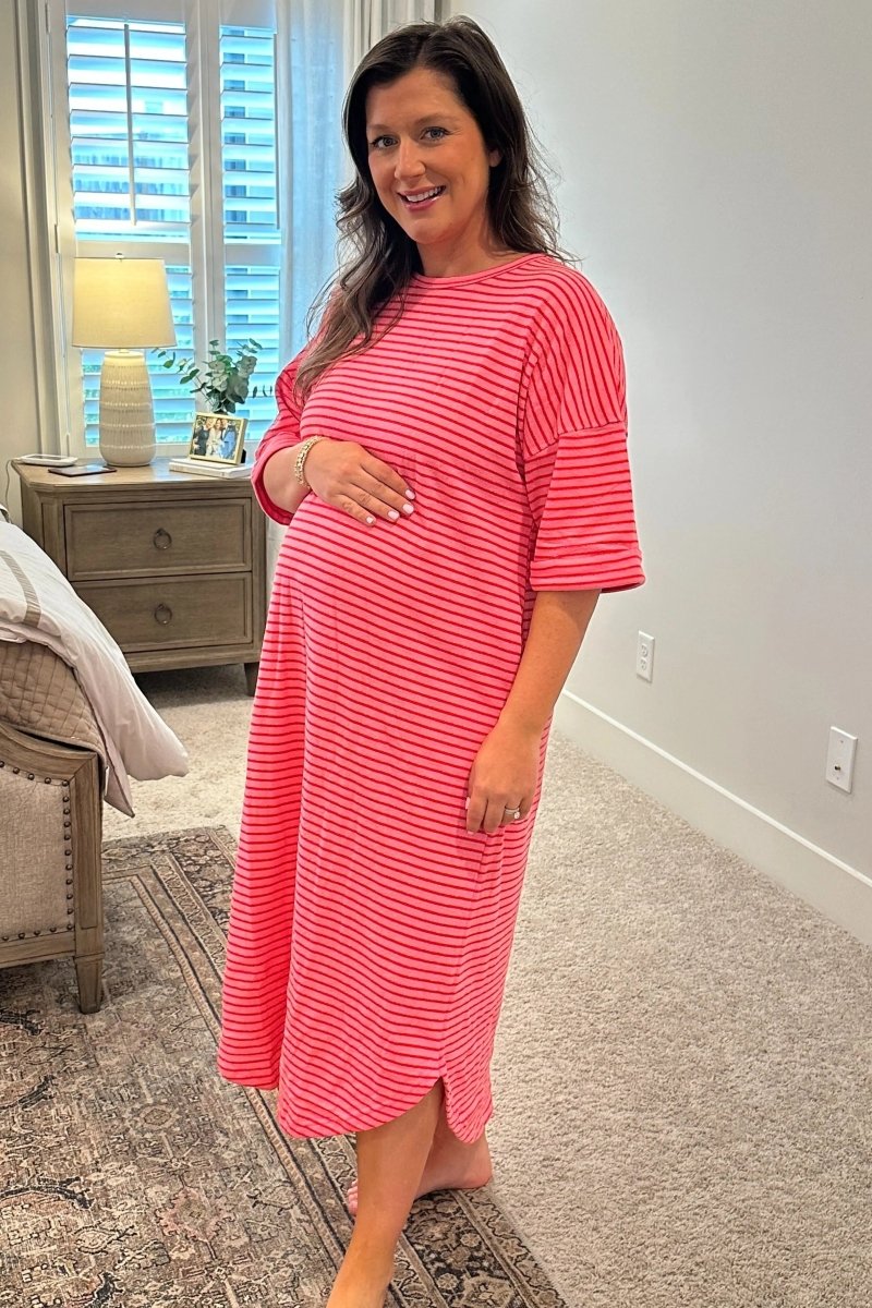 PinkBlush Fuchsia Striped Terry Maxi Dress with Comfortable Fit for Expecting Mothers - 