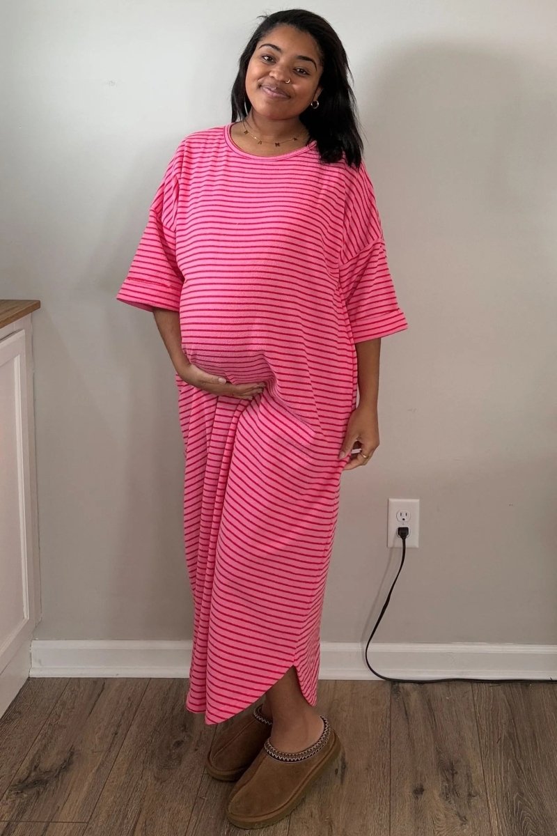 PinkBlush Fuchsia Striped Terry Maxi Dress with Comfortable Fit for Expecting Mothers - 