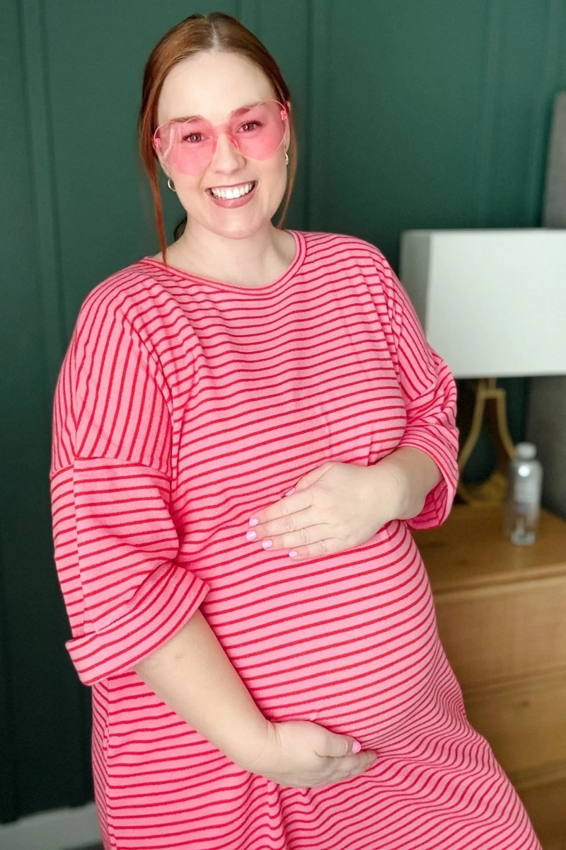 PinkBlush Fuchsia Striped Terry Maxi Dress with Comfortable Fit for Expecting Mothers - 