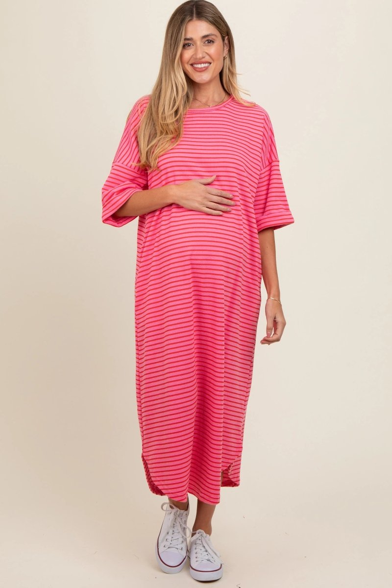 PinkBlush Fuchsia Striped Terry Maxi Dress with Comfortable Fit for Expecting Mothers - 