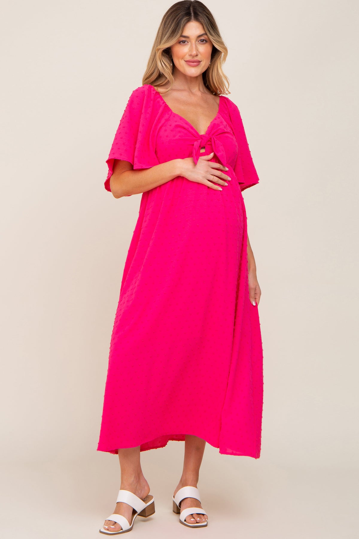 Fuchsia Textured Dot Front Tie Ruffle Sleeve Maternity Midi Dress - Pink, One-piece garment, Day Dress, Photo shoot, Person | Everetts Place