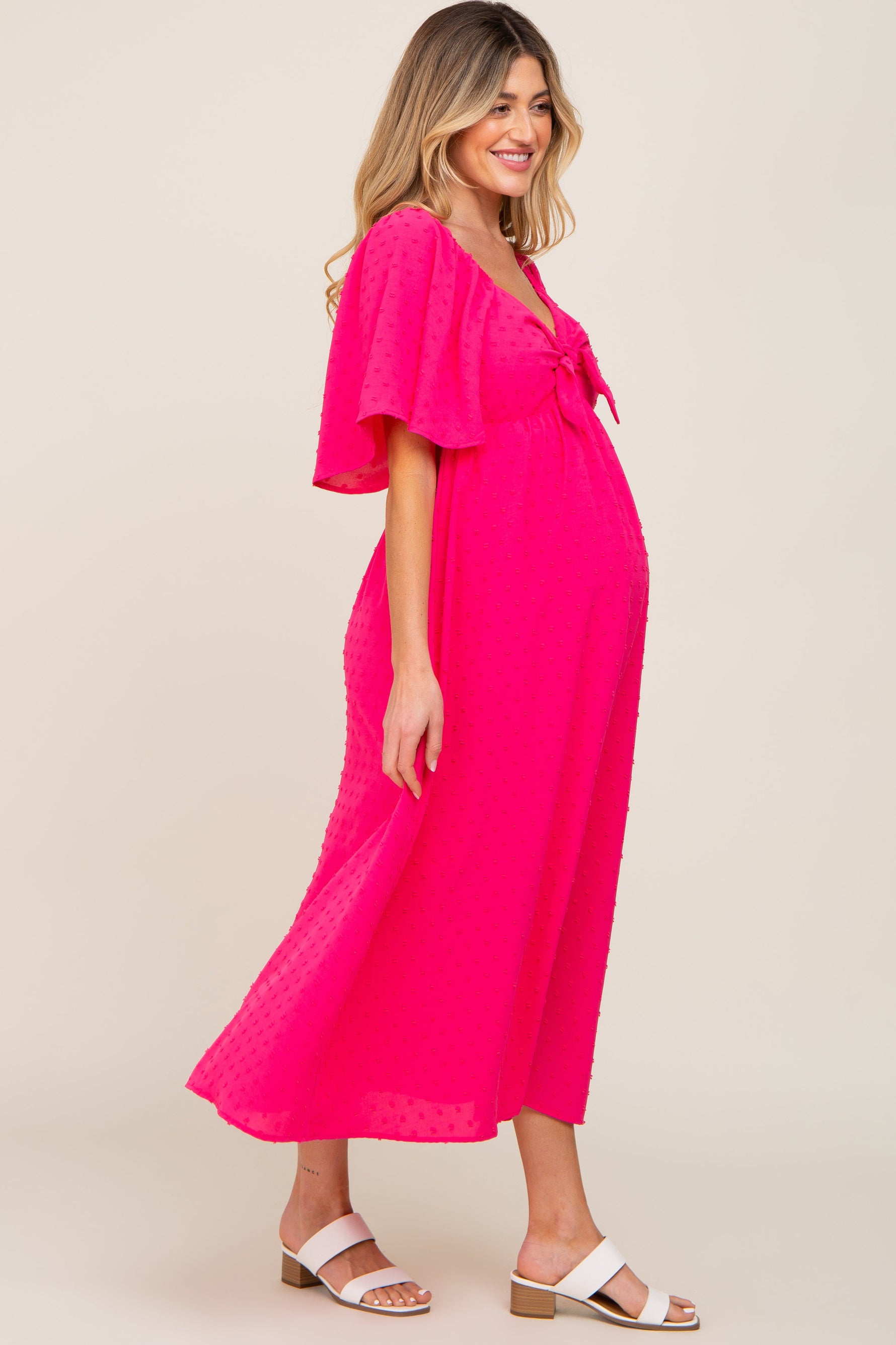 PinkBlush Fuchsia Textured Dot Front Tie Ruffle Sleeve Maternity Midi DressEveretts Place