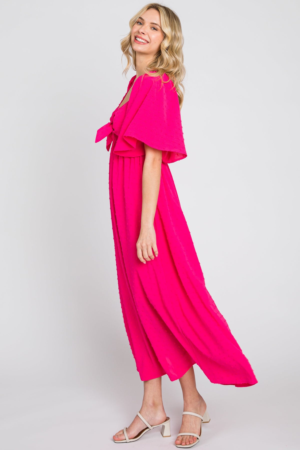 PinkBlush Fuchsia Textured Dot Front Tie Ruffle Sleeve Midi DressEveretts Place