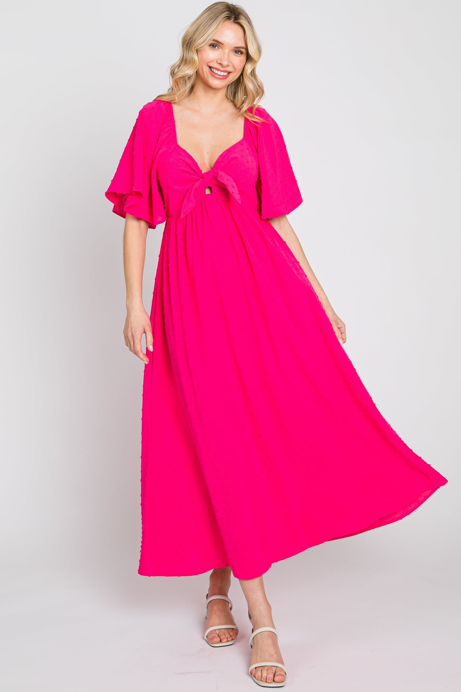 Fuchsia Textured Dot Front Tie Ruffle Sleeve Midi Dress - Dress, Pink, One-piece garment, Day Dress, Cocktail dress | Everetts Place
