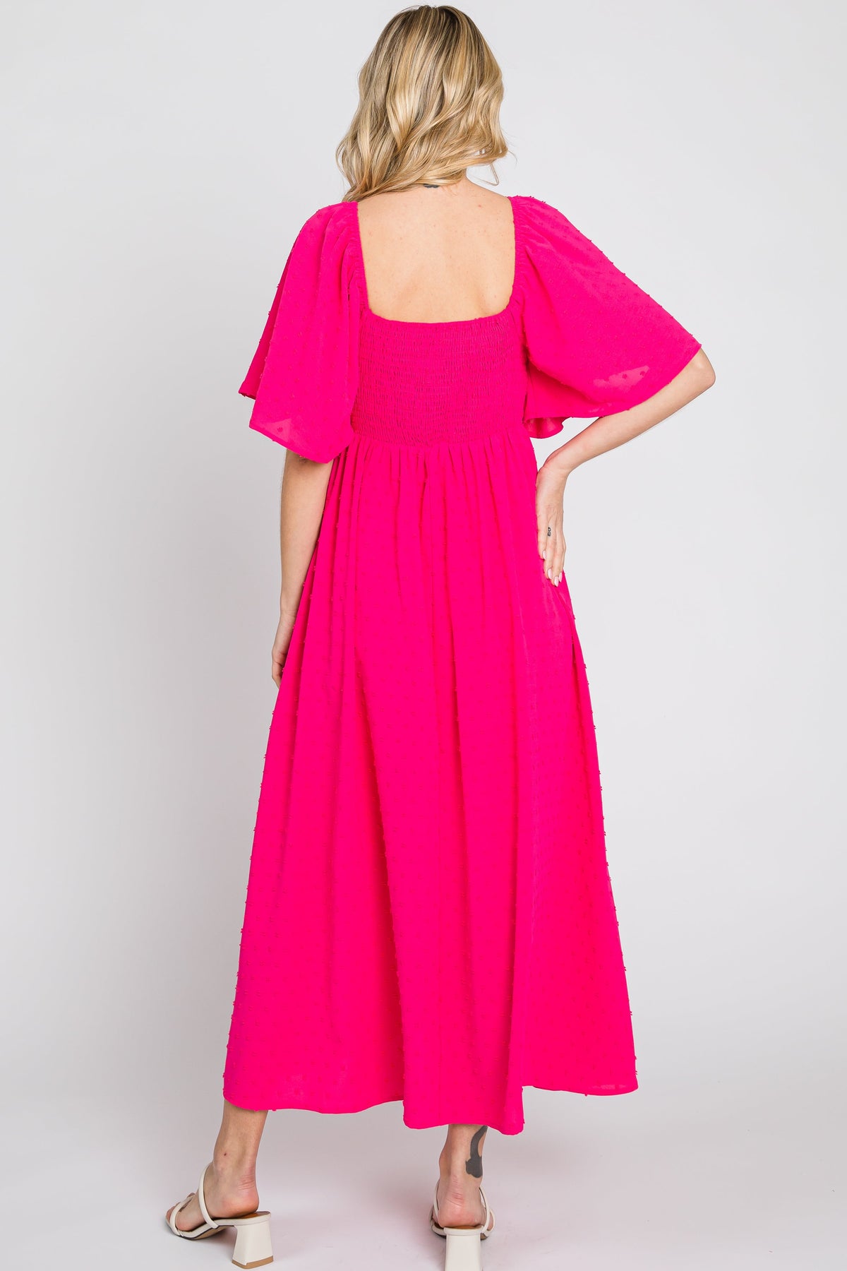 PinkBlush Fuchsia Textured Dot Front Tie Ruffle Sleeve Midi DressEveretts Place