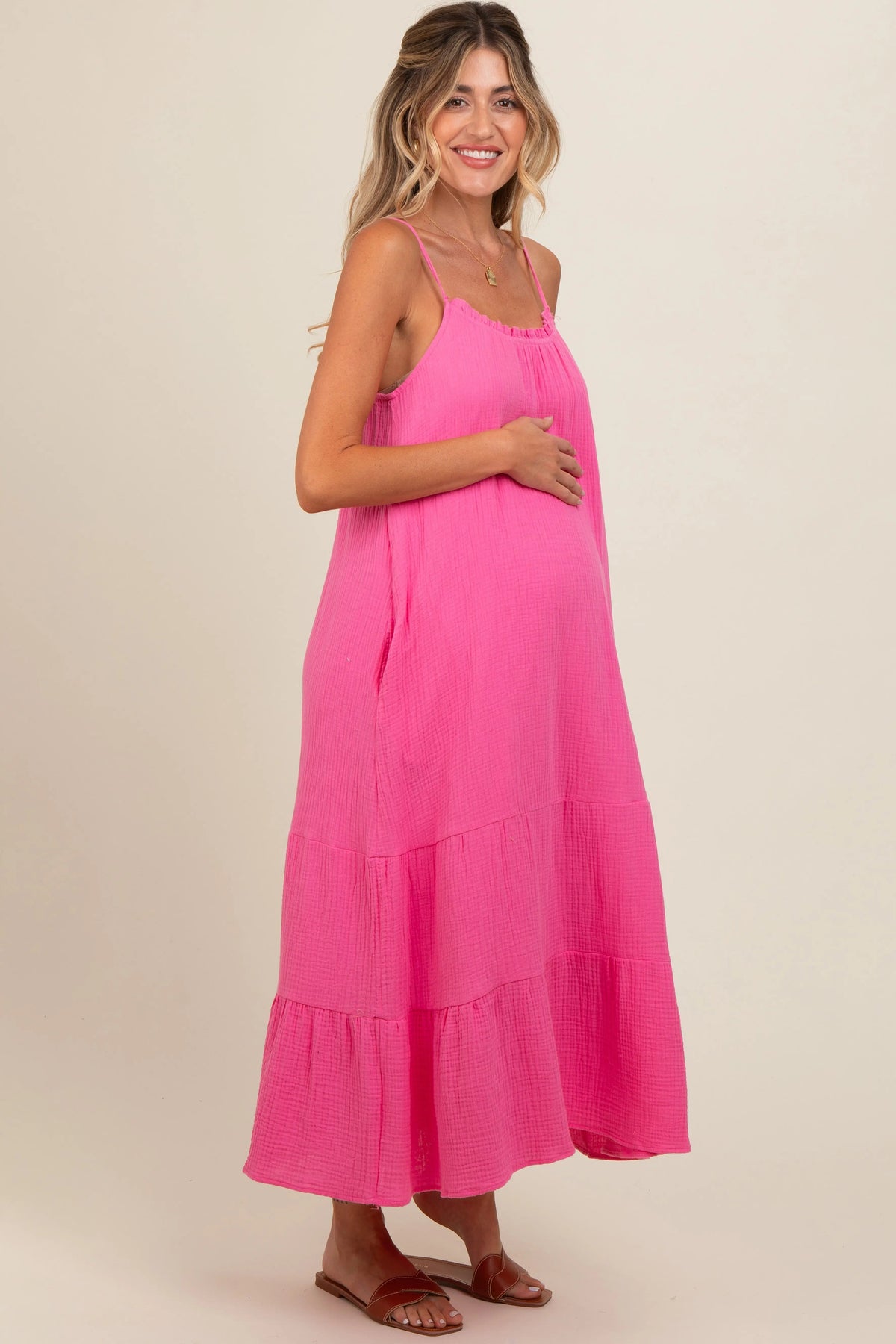 PinkBlush Fuchsia Tiered Hem Maternity Midi Dress - 