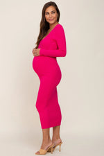 PinkBlush Fuchsia V - Neck Long Sleeve Fitted Maternity Maxi Dress - 