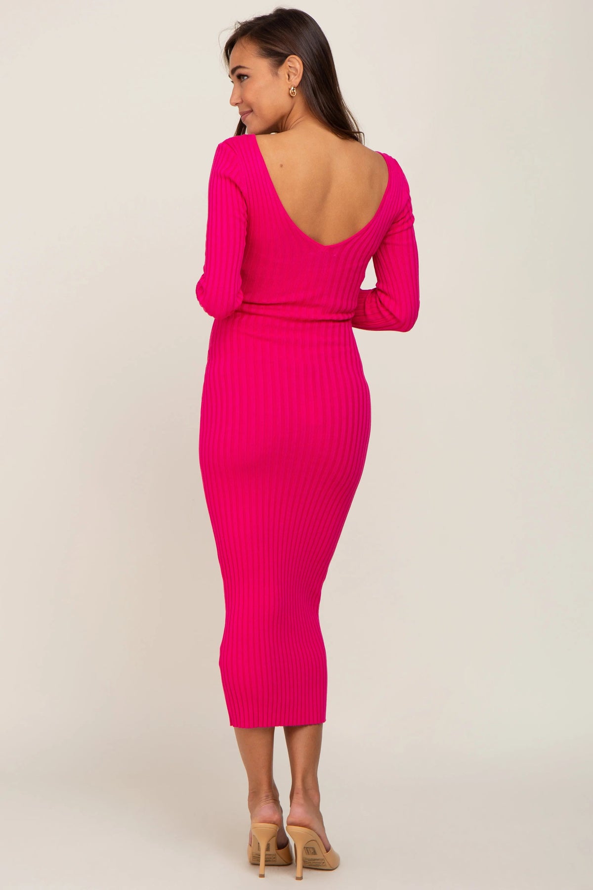 PinkBlush Fuchsia V - Neck Long Sleeve Fitted Maternity Maxi Dress - 