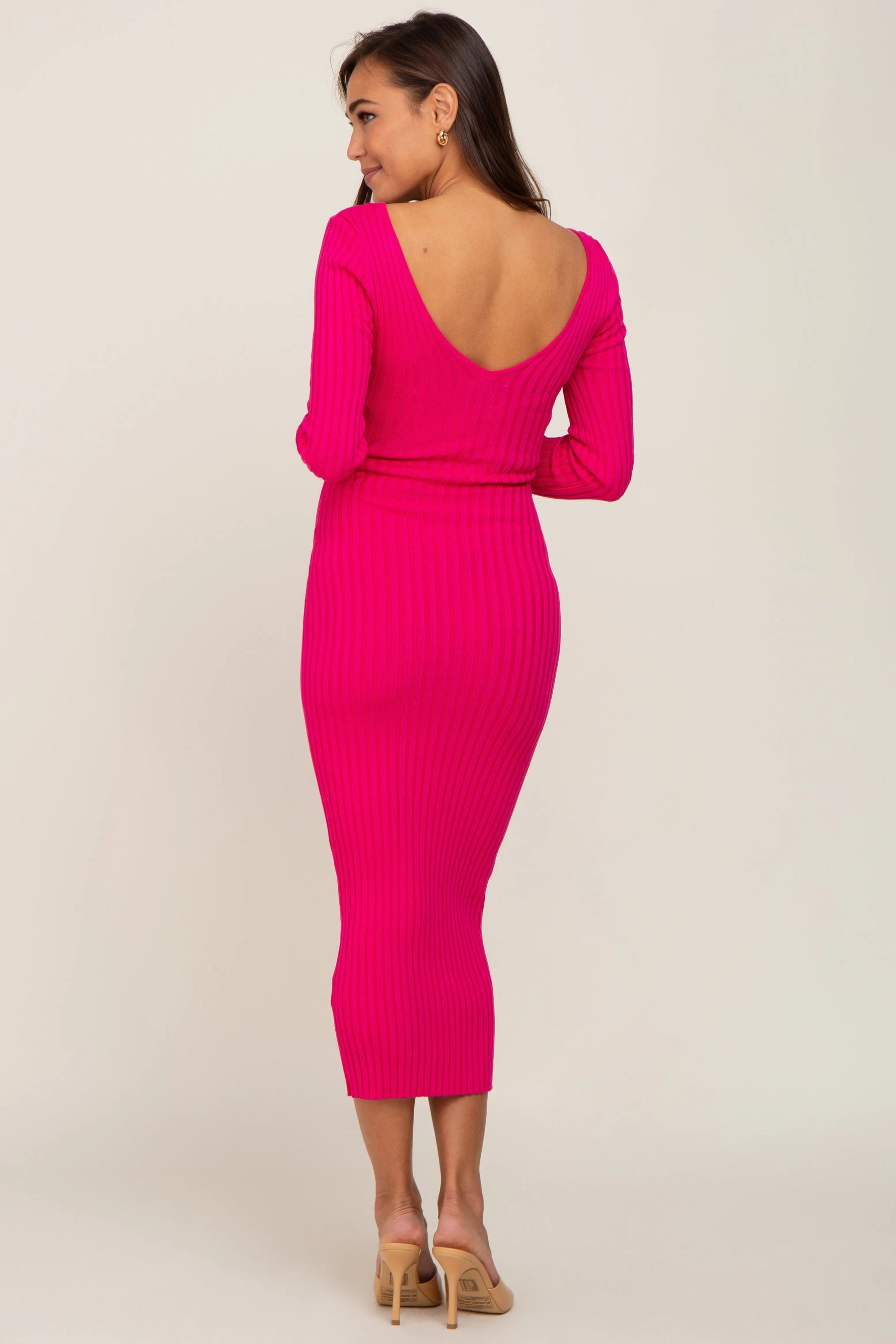 PinkBlush Fuchsia V - Neck Long Sleeve Fitted Maternity Maxi Dress - 