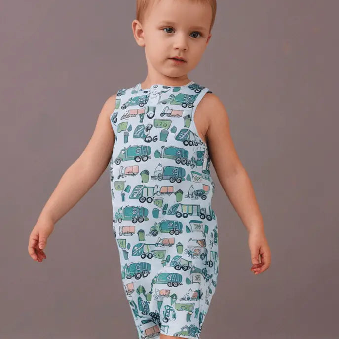 Sweet Bamboo Garbage Trucks Recycle Tank Romper - 