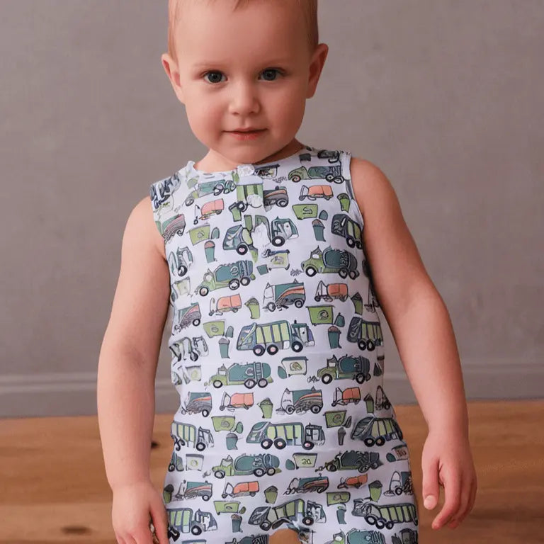 Sweet Bamboo Garbage Trucks Recycle Tank Romper - 