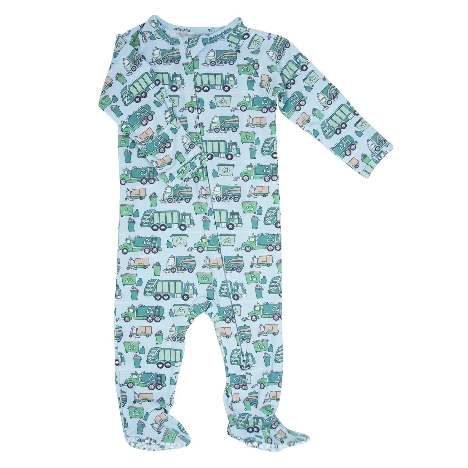Garbage Trucks Recycle Zipper Footie for Babies with Silicone Grips and Fold Over Cuffs Sweet Bamboo