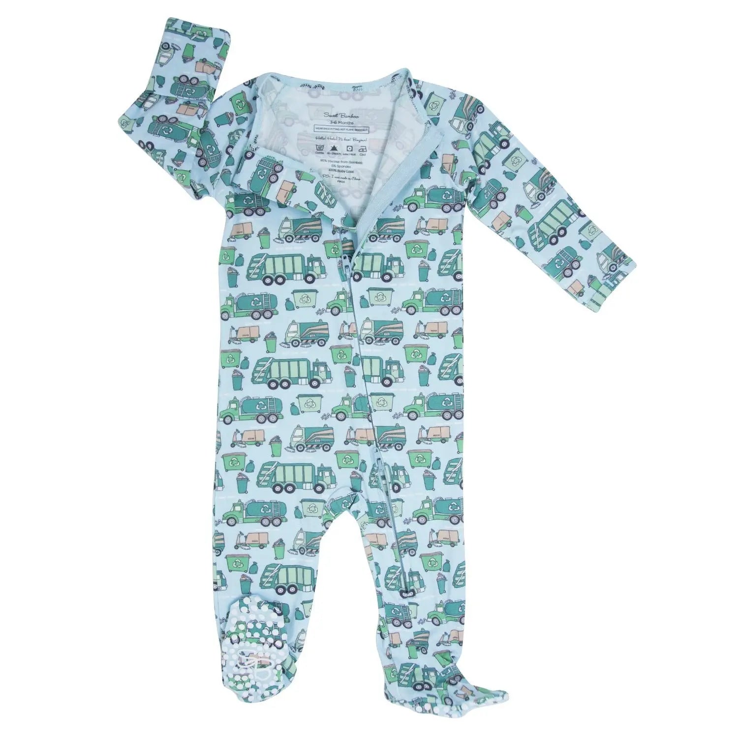 Garbage Trucks Recycle Zipper Footie for Babies with Silicone Grips and Fold Over Cuffs Sweet Bamboo