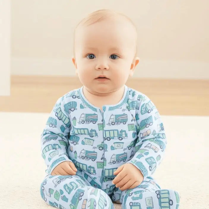 Garbage Trucks Recycle Zipper Footie for Babies with Silicone Grips and Fold Over Cuffs Sweet Bamboo