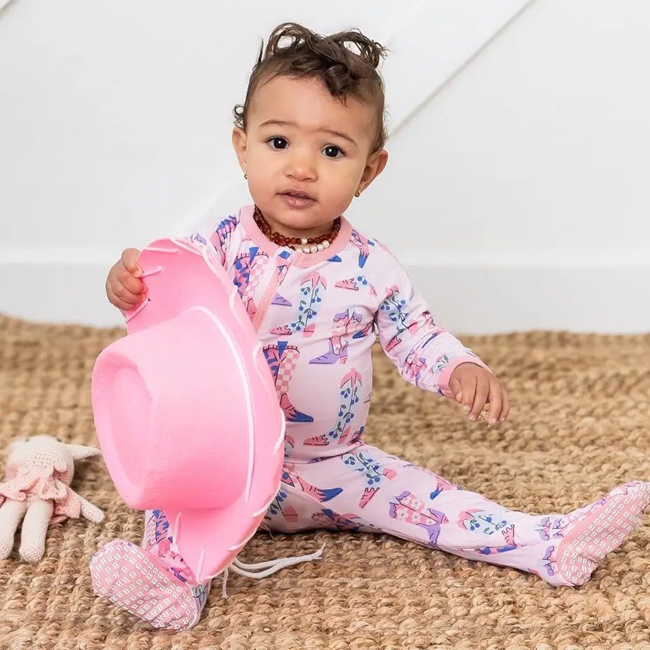 Bestaroo Giddy Up Footie Bamboo Newborn Cowgirl Boot Print With Dual Two Way Zipper - 