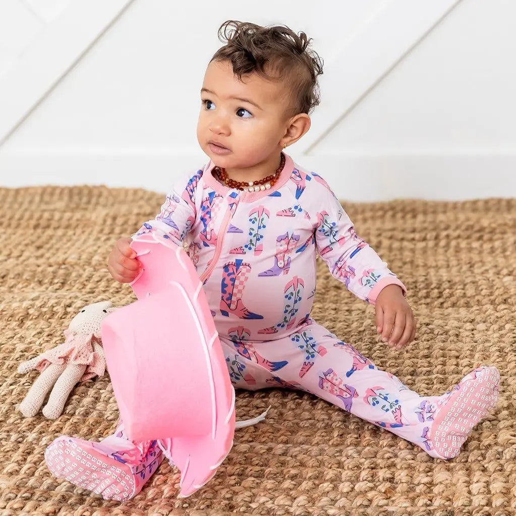 Bestaroo Giddy Up Footie Bamboo Newborn Cowgirl Boot Print With Dual Two Way Zipper - 